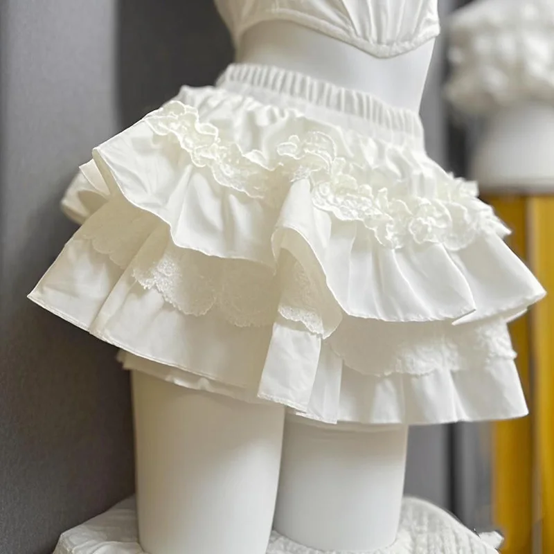 Lolita Sweet White Cake Skirt Women High Waist Sweet Lace Patchwork Slim Mini Skirts Japan Kawaii Spring Summer Ball Gown Skirt