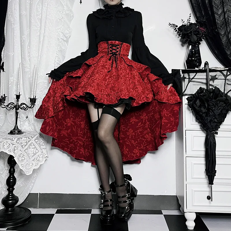 2024 New Retro Gothic High Waist Swallowtail Skirt Women's Steampunk Vintage Lace Up Asymmetrical High Low Skirts Outfits Party