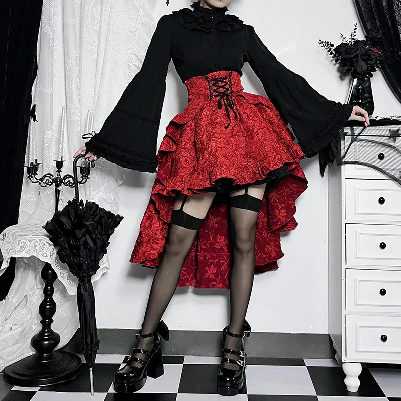 2024 New Retro Gothic High Waist Swallowtail Skirt Women's Steampunk Vintage Lace Up Asymmetrical High Low Skirts Outfits Party