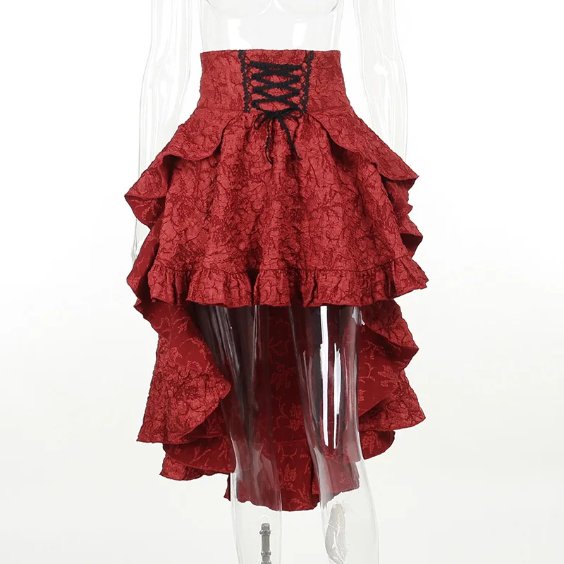2024 New Retro Gothic High Waist Swallowtail Skirt Women's Steampunk Vintage Lace Up Asymmetrical High Low Skirts Outfits Party