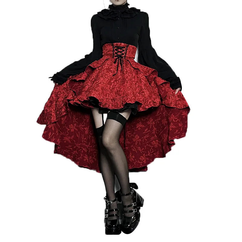 2024 New Retro Gothic High Waist Swallowtail Skirt Women's Steampunk Vintage Lace Up Asymmetrical High Low Skirts Outfits Party