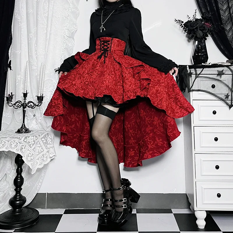 2024 New Retro Gothic High Waist Swallowtail Skirt Women's Steampunk Vintage Lace Up Asymmetrical High Low Skirts Outfits Party