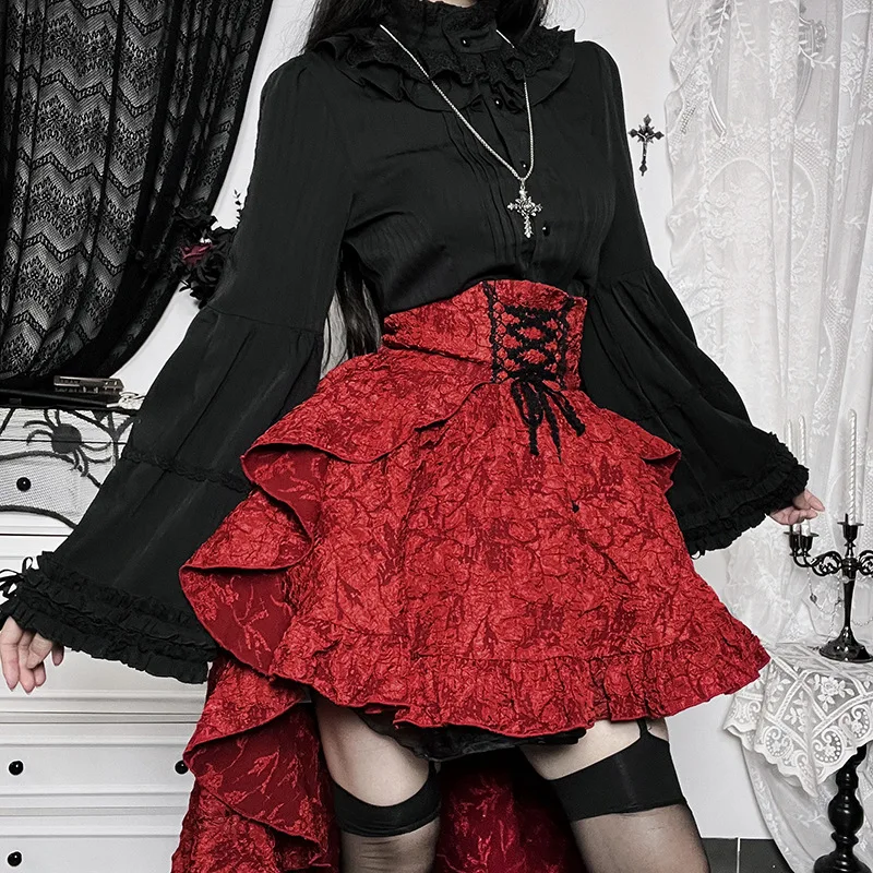2024 New Retro Gothic High Waist Swallowtail Skirt Women's Steampunk Vintage Lace Up Asymmetrical High Low Skirts Outfits Party