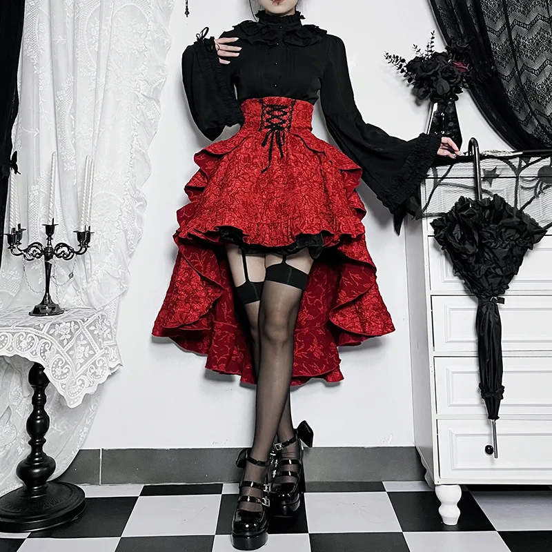 2024 New Retro Gothic High Waist Swallowtail Skirt Women's Steampunk Vintage Lace Up Asymmetrical High Low Skirts Outfits Party