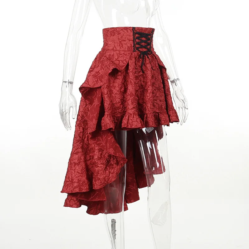 2024 New Retro Gothic High Waist Swallowtail Skirt Women's Steampunk Vintage Lace Up Asymmetrical High Low Skirts Outfits Party