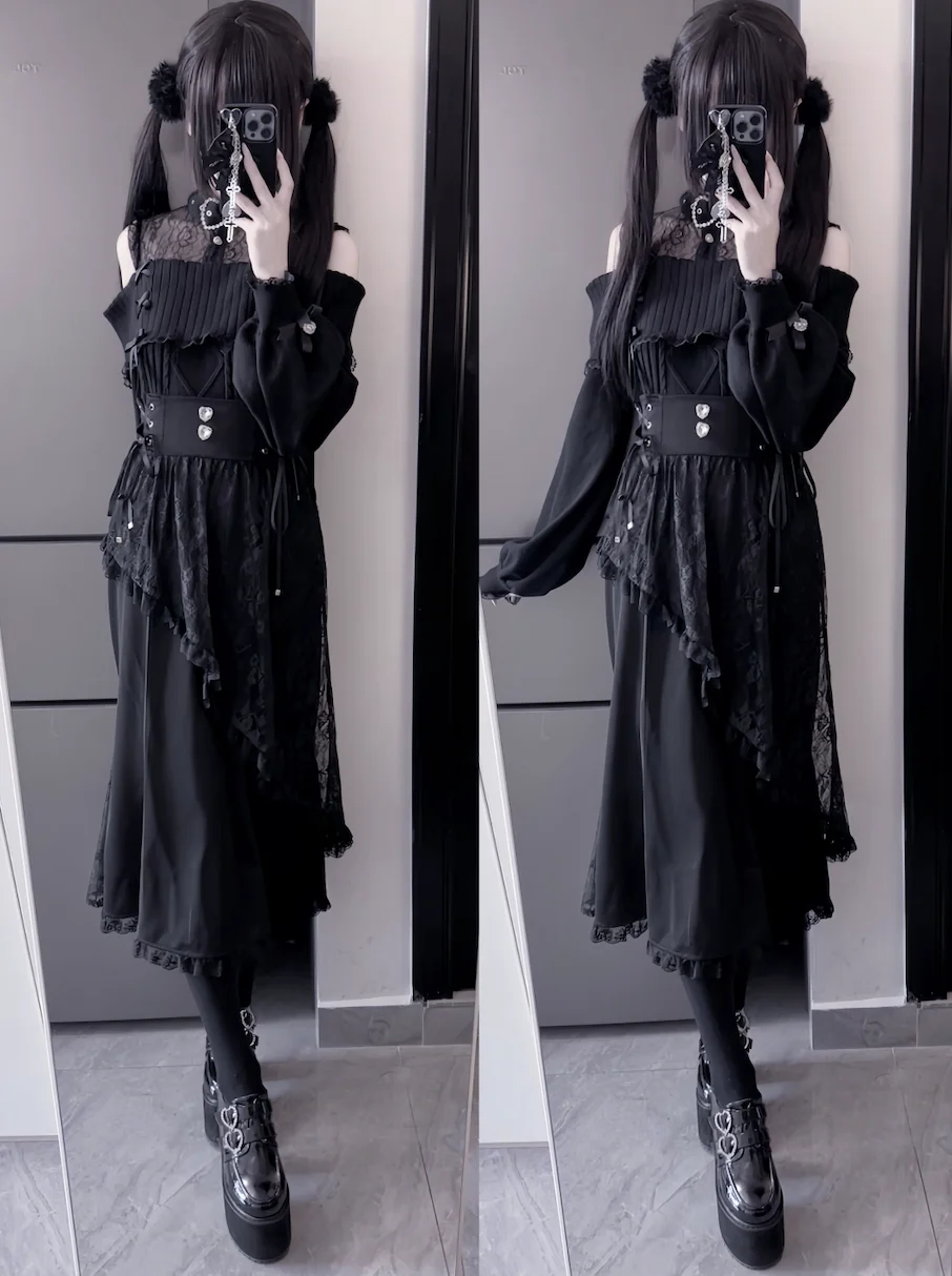 Japanese Mine Series Mass Production Fishtail Skirt for Women High Waist Lace Splicing Black Long Skirt Lady Sweet Sweaters Top