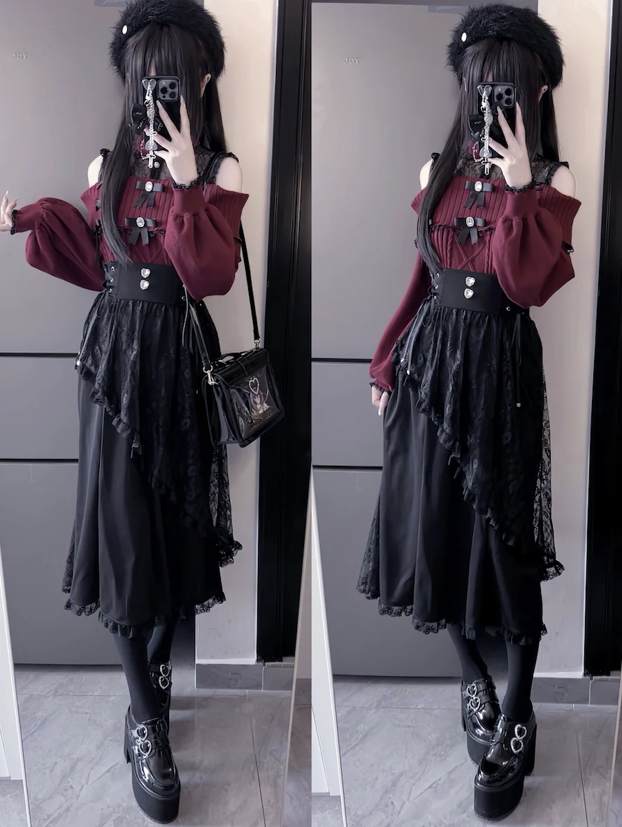 Japanese Mine Series Mass Production Fishtail Skirt for Women High Waist Lace Splicing Black Long Skirt Lady Sweet Sweaters Top