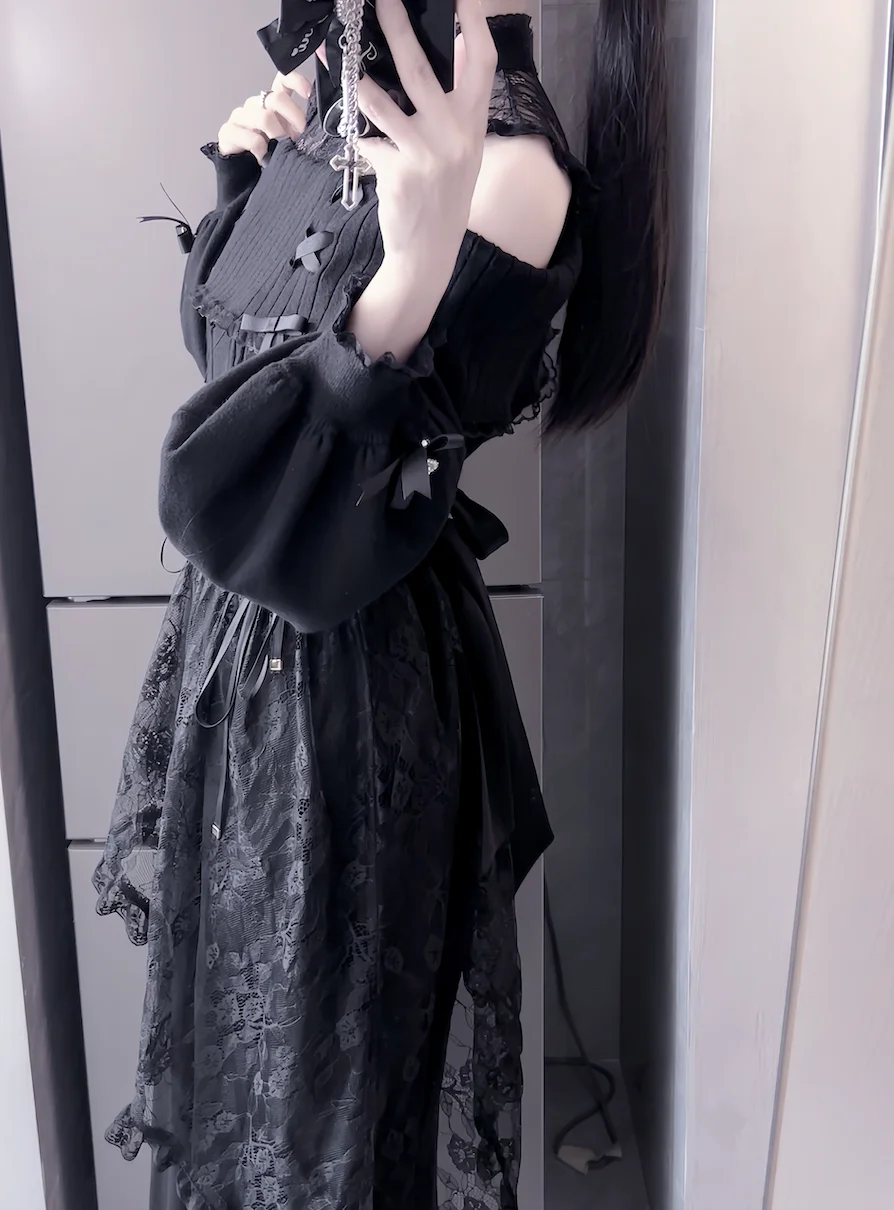 Japanese Mine Series Mass Production Fishtail Skirt for Women High Waist Lace Splicing Black Long Skirt Lady Sweet Sweaters Top