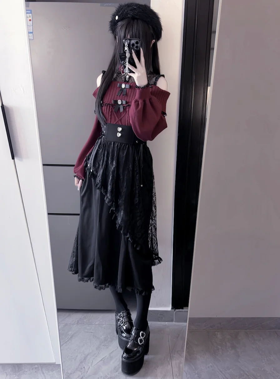 Japanese Mine Series Mass Production Fishtail Skirt for Women High Waist Lace Splicing Black Long Skirt Lady Sweet Sweaters Top