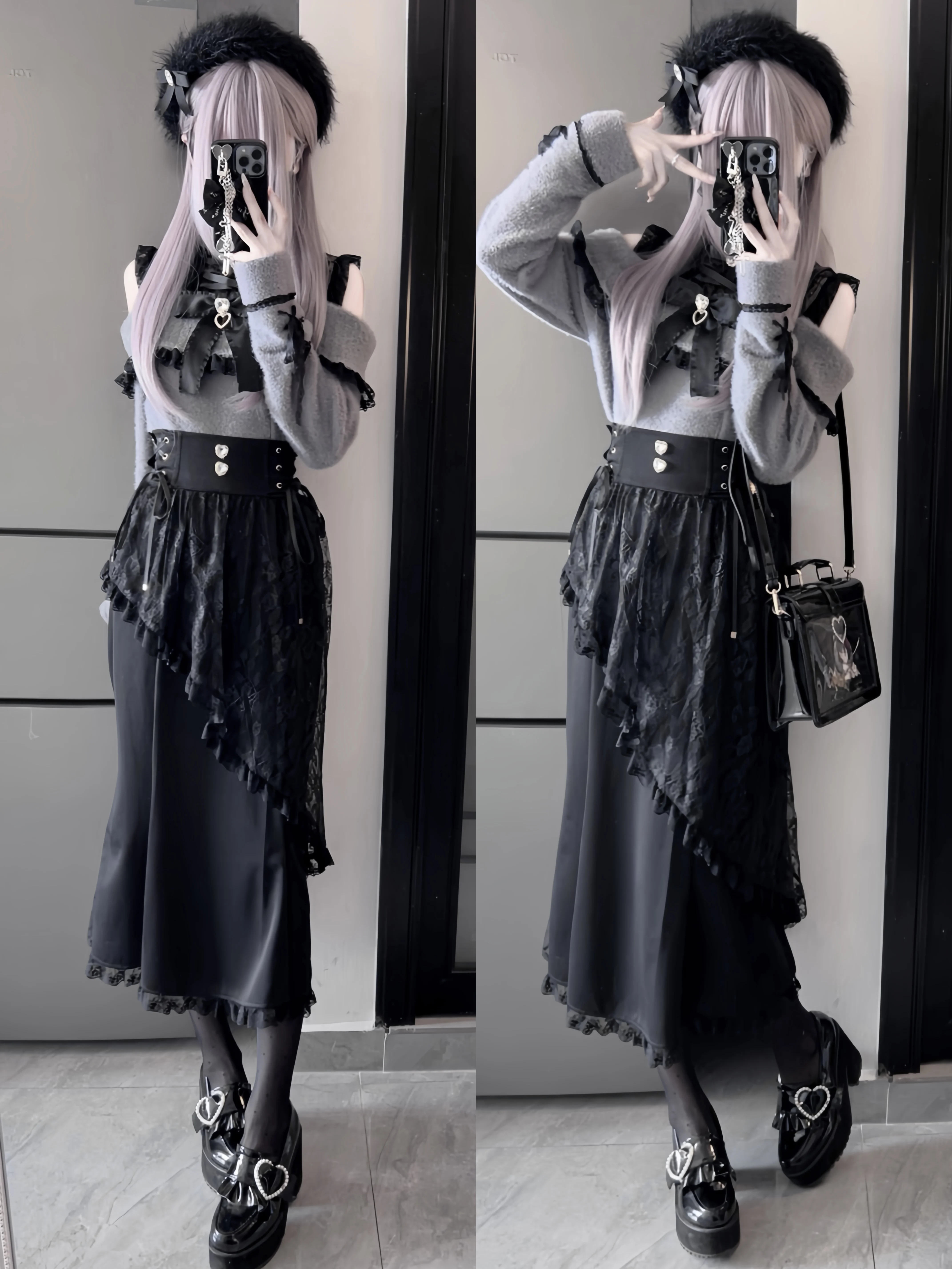 Japanese Mine Series Mass Production Fishtail Skirt for Women High Waist Lace Splicing Black Long Skirt Lady Sweet Sweaters Top