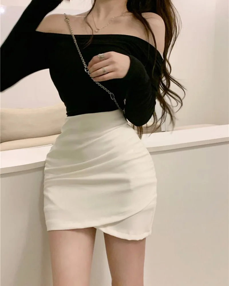 Lucyever Korean Fashion Mini Skirt Women Solid High Waist Irregular Folds Hip Wrap Pencil Skirt Ladies Sexy Slim Short Skirts