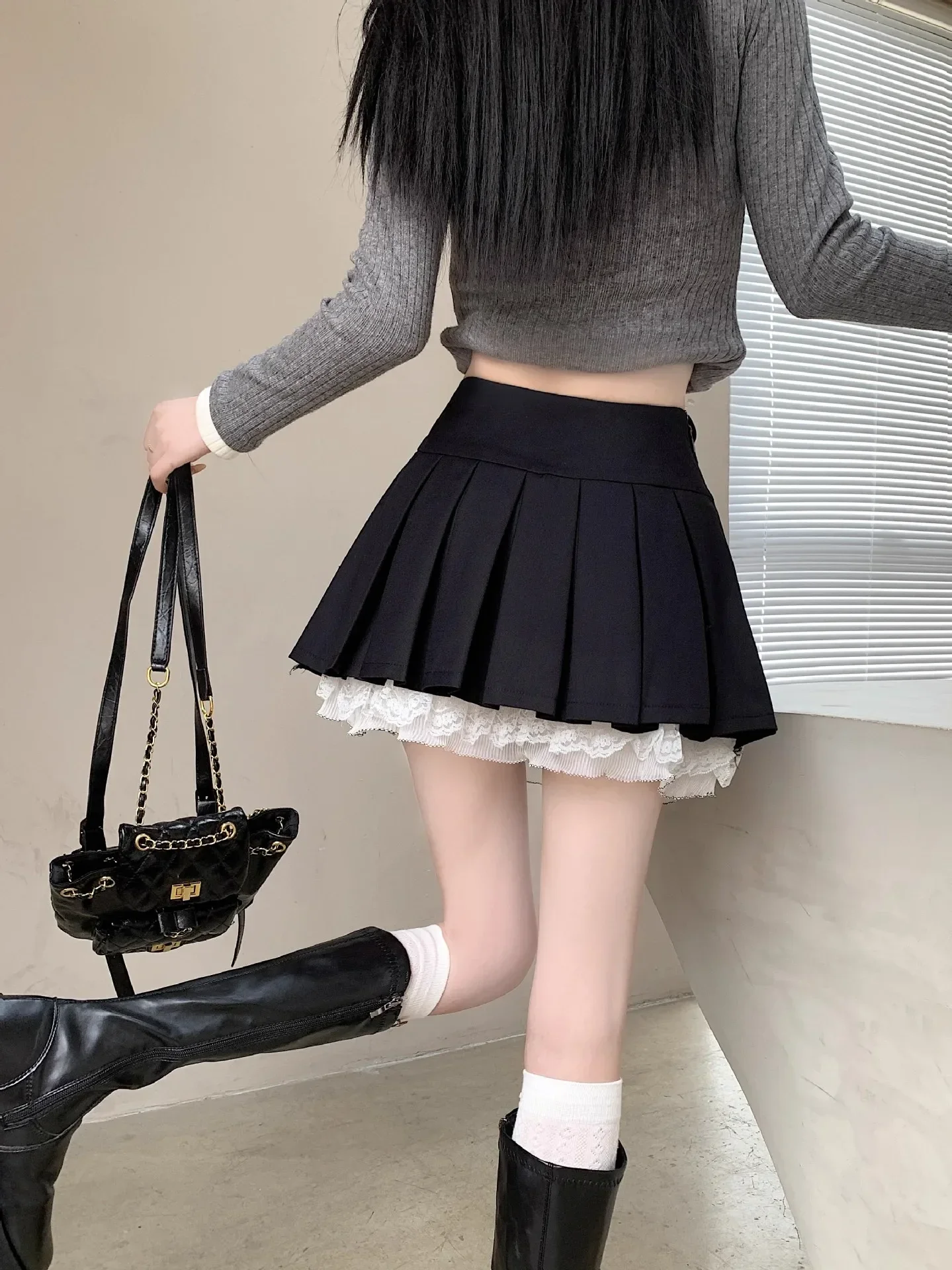 Korean Fashion Sweet High Waist College Pleated Skirt for Womenn Lace Preppy Bow Skirt Female A-line Pleated Skirt Y2k