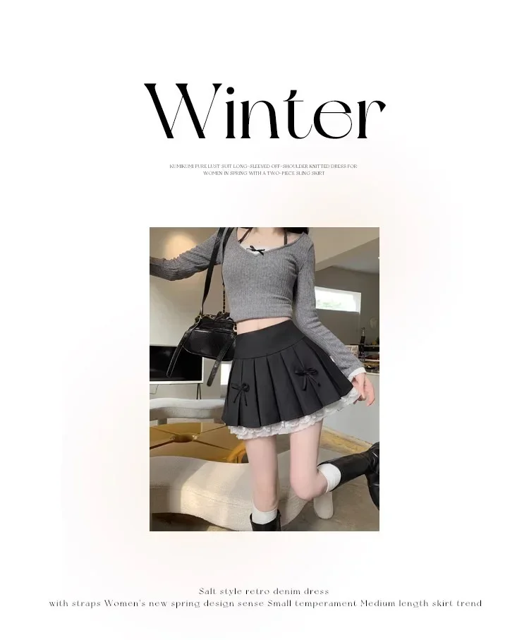 Korean Fashion Sweet High Waist College Pleated Skirt for Womenn Lace Preppy Bow Skirt Female A-line Pleated Skirt Y2k