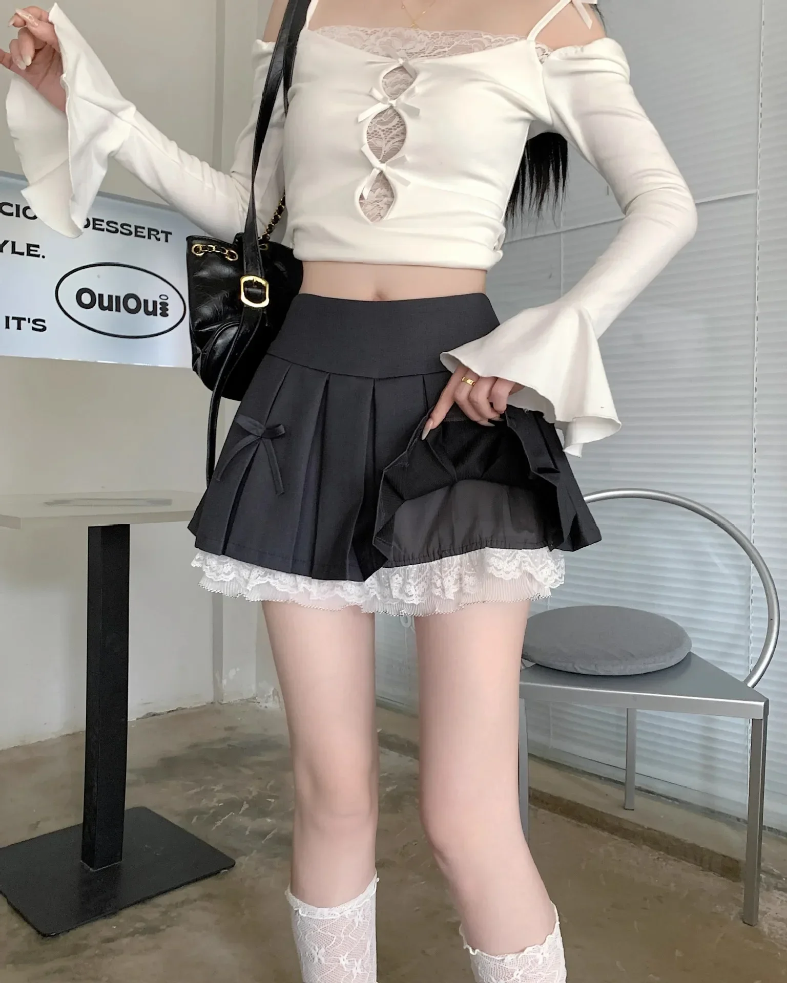 Korean Fashion Sweet High Waist College Pleated Skirt for Womenn Lace Preppy Bow Skirt Female A-line Pleated Skirt Y2k
