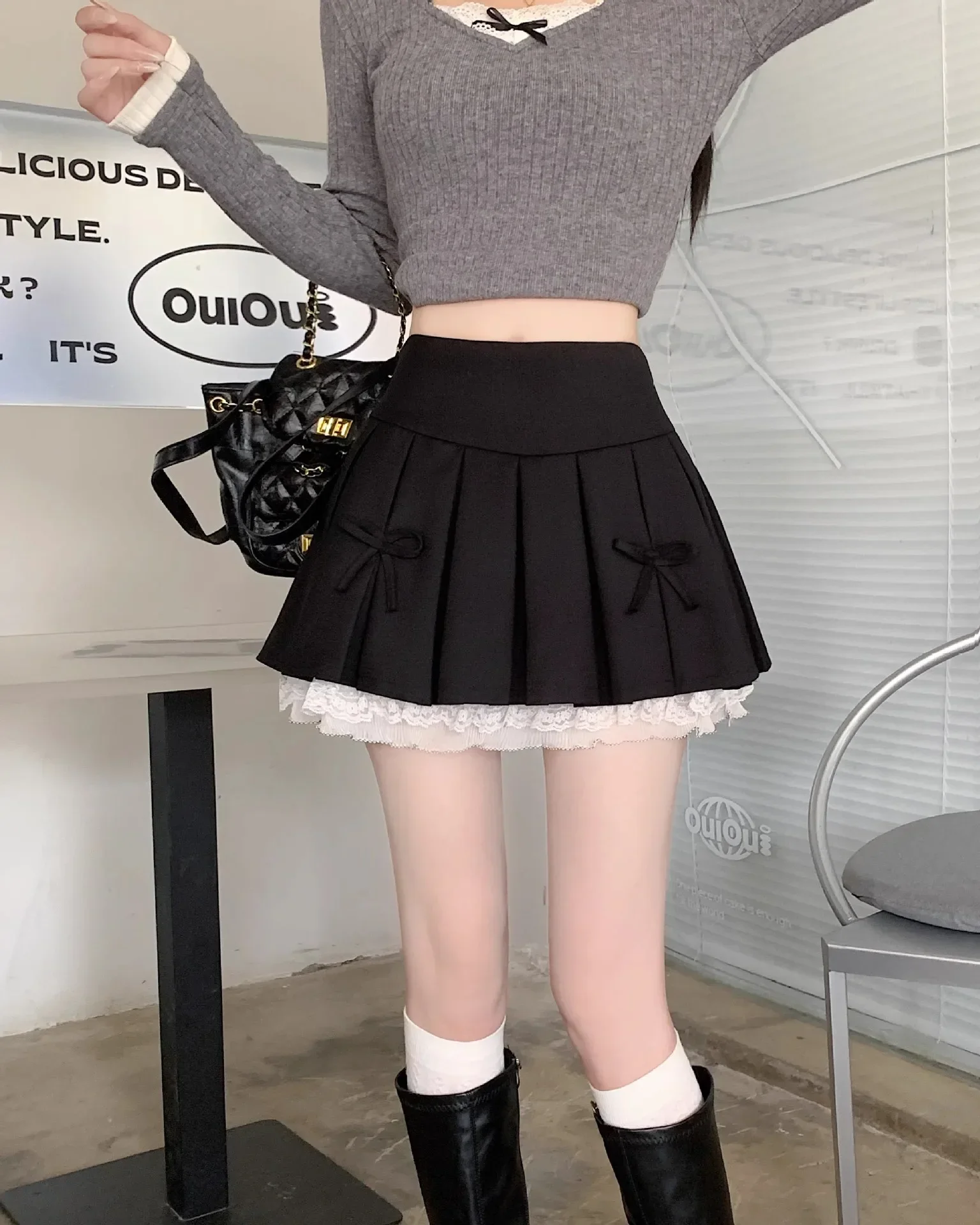 Korean Fashion Sweet High Waist College Pleated Skirt for Womenn Lace Preppy Bow Skirt Female A-line Pleated Skirt Y2k