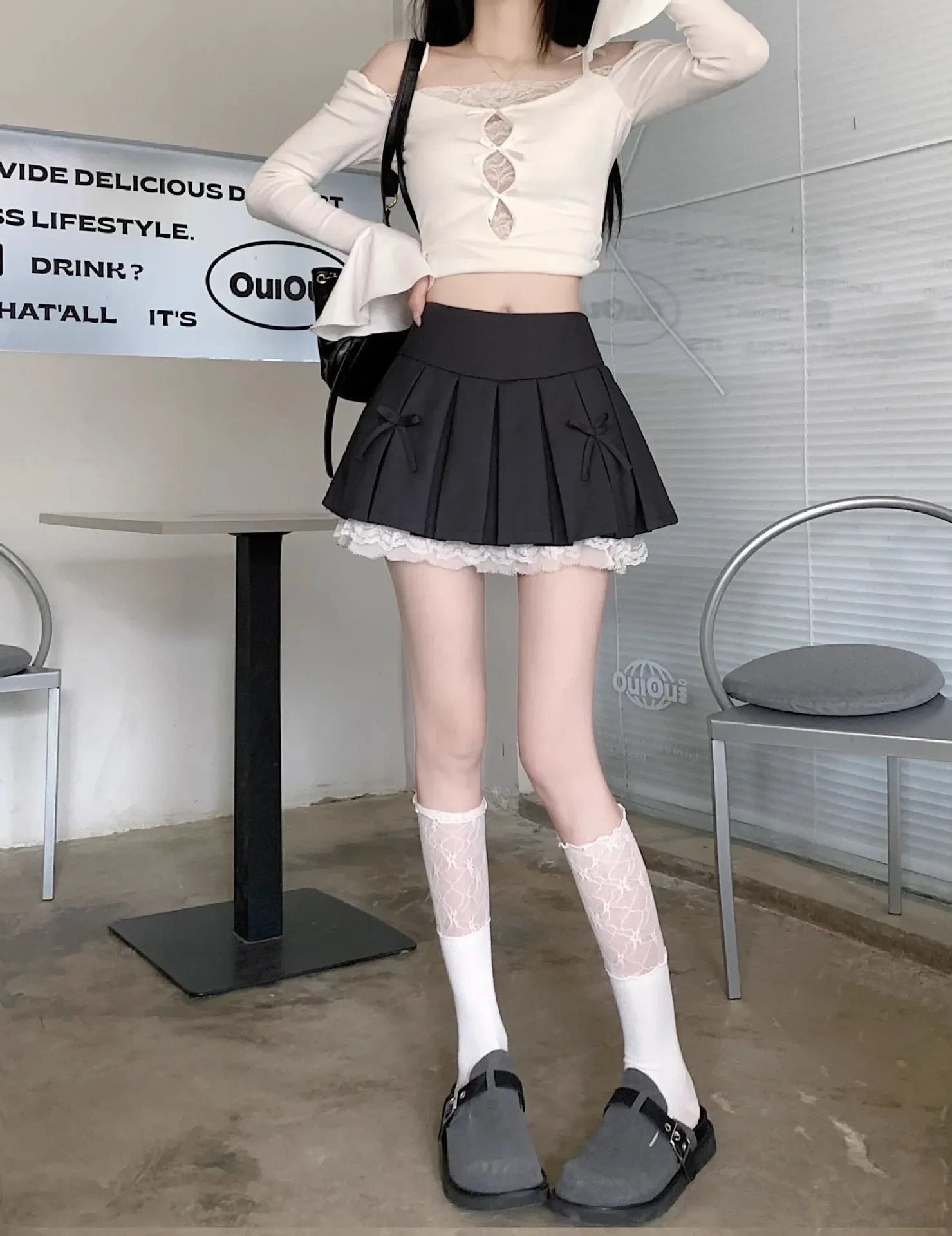 Korean Fashion Sweet High Waist College Pleated Skirt for Womenn Lace Preppy Bow Skirt Female A-line Pleated Skirt Y2k