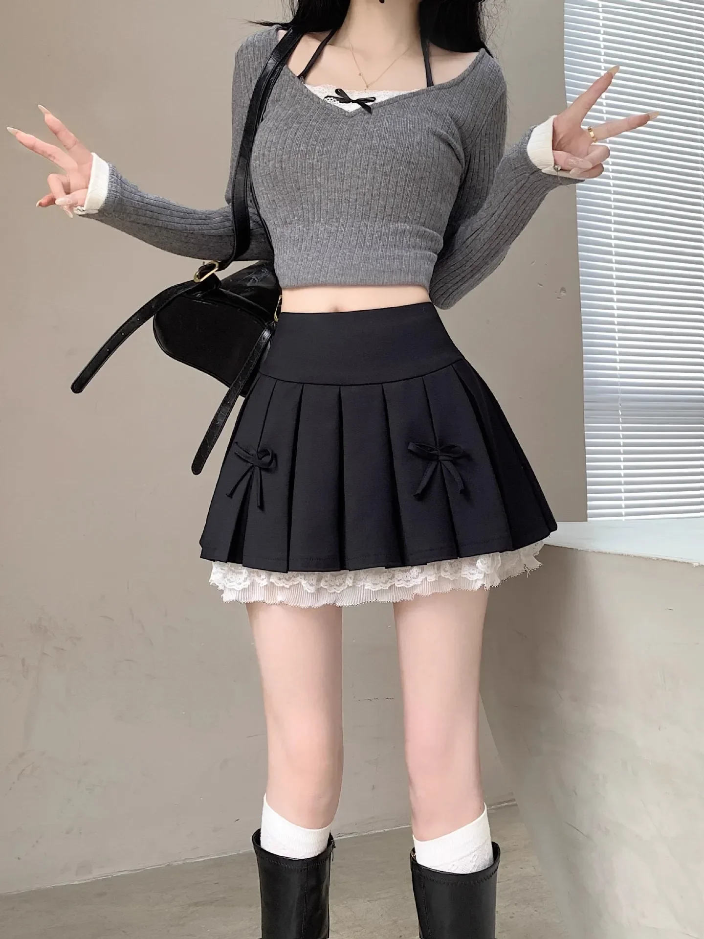 Korean Fashion Sweet High Waist College Pleated Skirt for Womenn Lace Preppy Bow Skirt Female A-line Pleated Skirt Y2k
