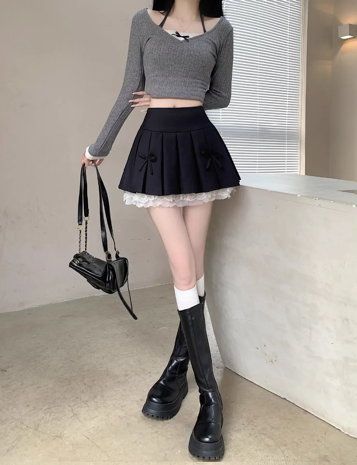 Korean Fashion Sweet High Waist College Pleated Skirt for Womenn Lace Preppy Bow Skirt Female A-line Pleated Skirt Y2k