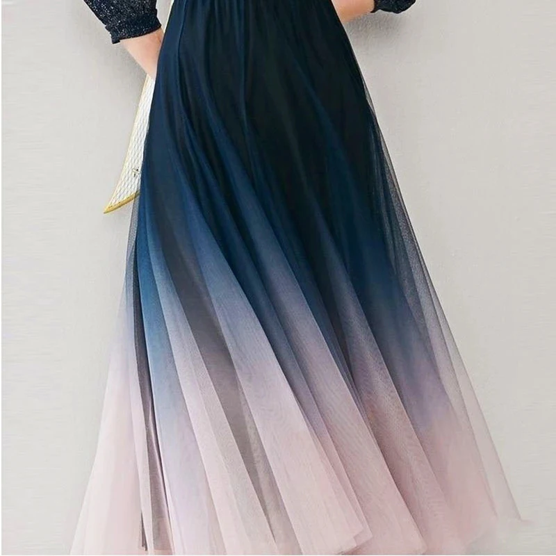 MEXZT Elegant Tulle Skirts Women High Waist Gradient Mesh Pleated Midi Skirt Korean Elastic Loose Casual All Match A Line Skirt