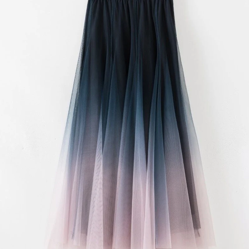 MEXZT Elegant Tulle Skirts Women High Waist Gradient Mesh Pleated Midi Skirt Korean Elastic Loose Casual All Match A Line Skirt