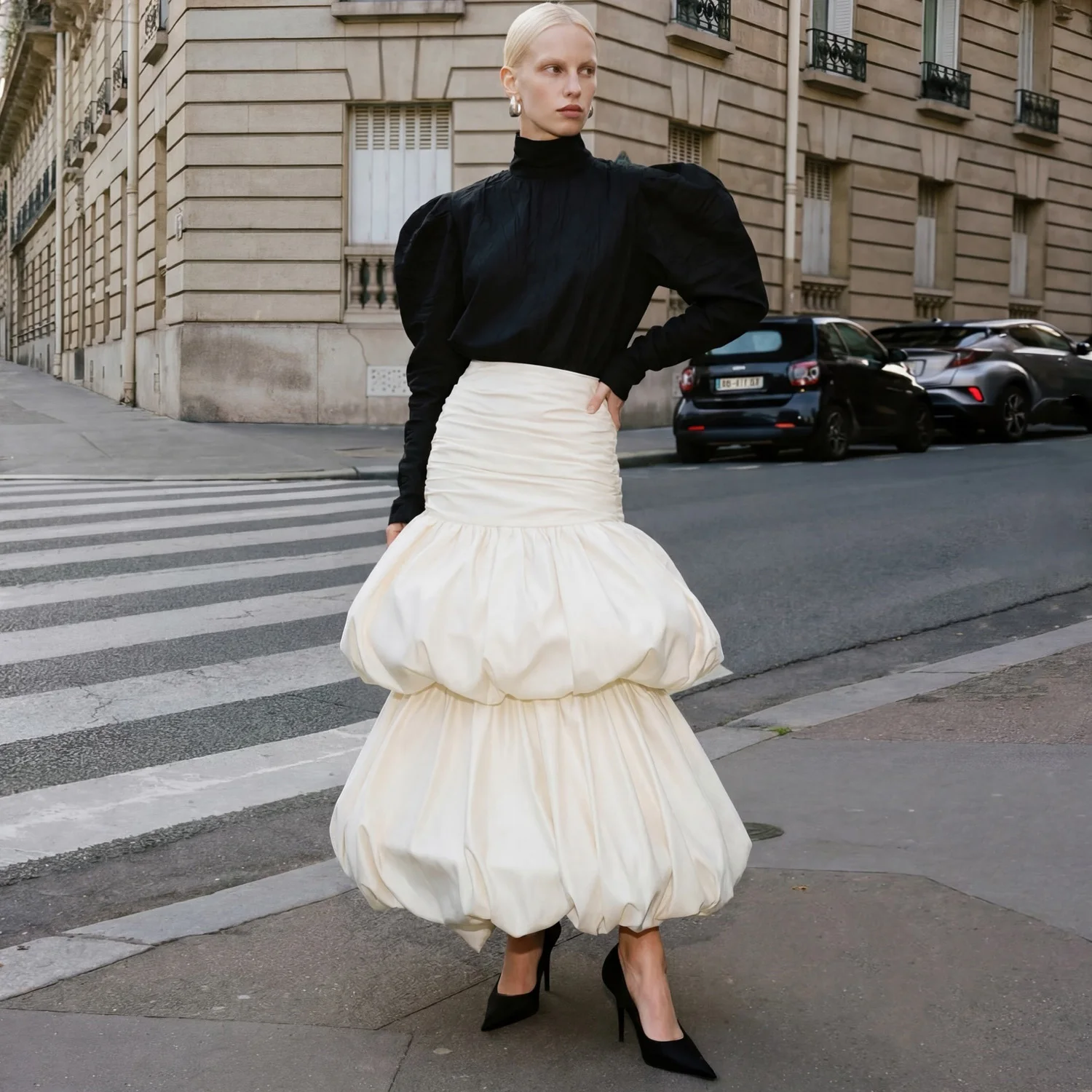 Stylish Beige Tiered Midi Skirt 2026 New Arrival Bubble Hem Women Maxi Skirt High Waist Ruffle Taffeta Formal Party Skirt Custom