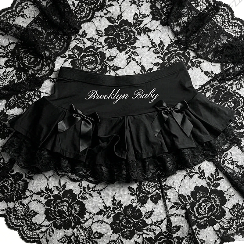 Y2K Gothic High Waist Mini Skirt Women Black Lace Ruffle Tiered Skirt with Bow Kawaii Lolita Aesthetic E-Girl Alt Streetwear