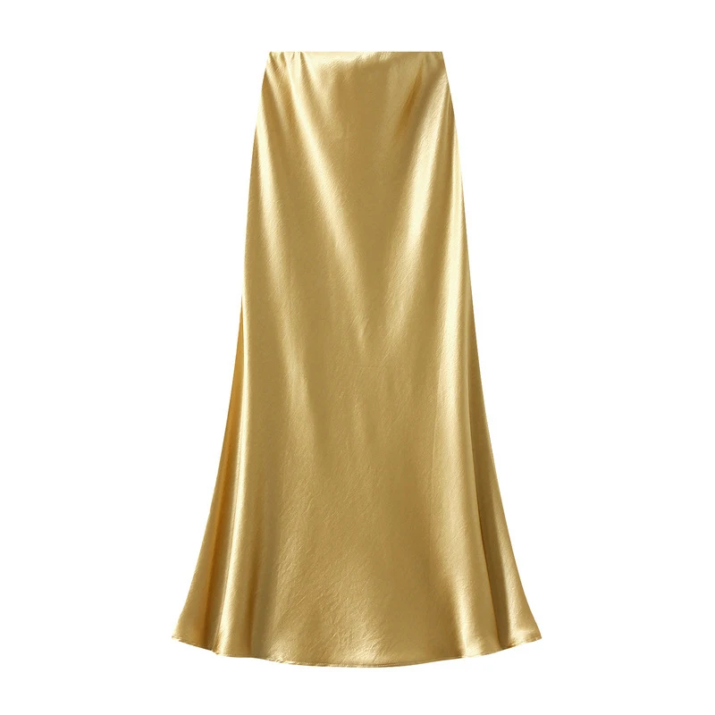 Streamgirl Pink Silk Skirts For Women Midi Light Blue Skirt Satin High Quality Luxury Satin Yellow Skirt Bodycon Women Office