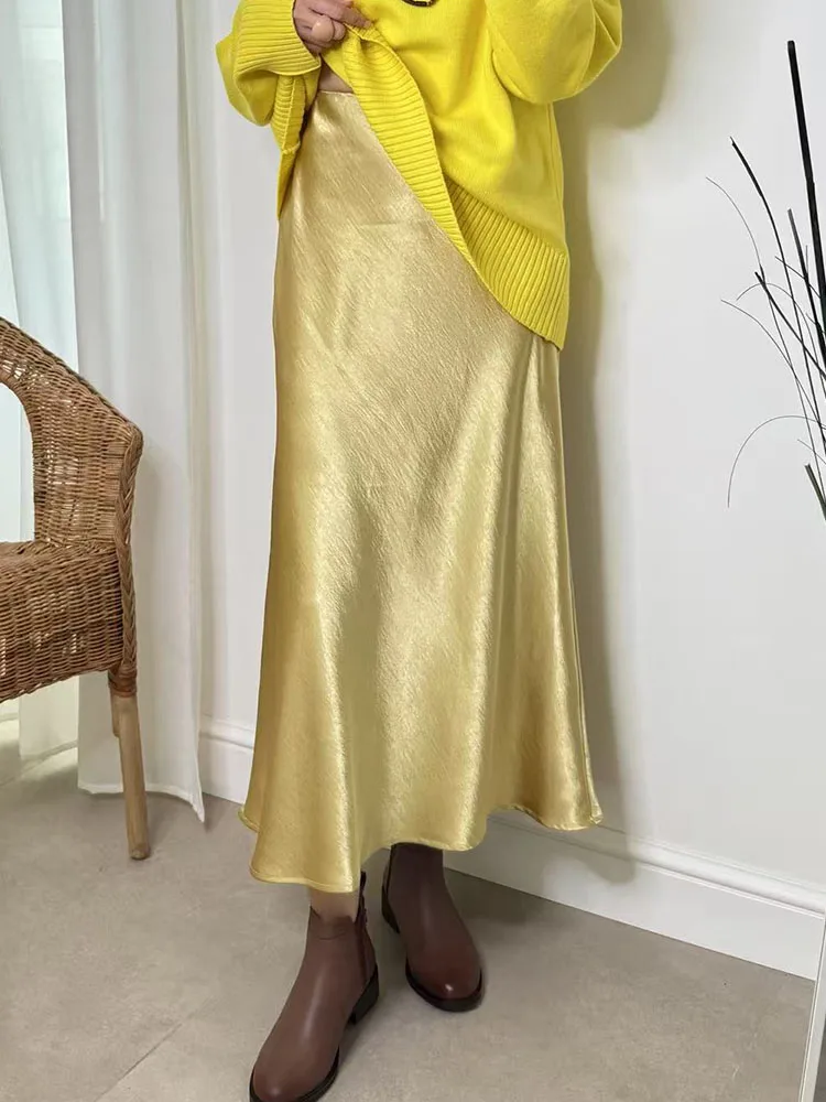 Streamgirl Pink Silk Skirts For Women Midi Light Blue Skirt Satin High Quality Luxury Satin Yellow Skirt Bodycon Women Office