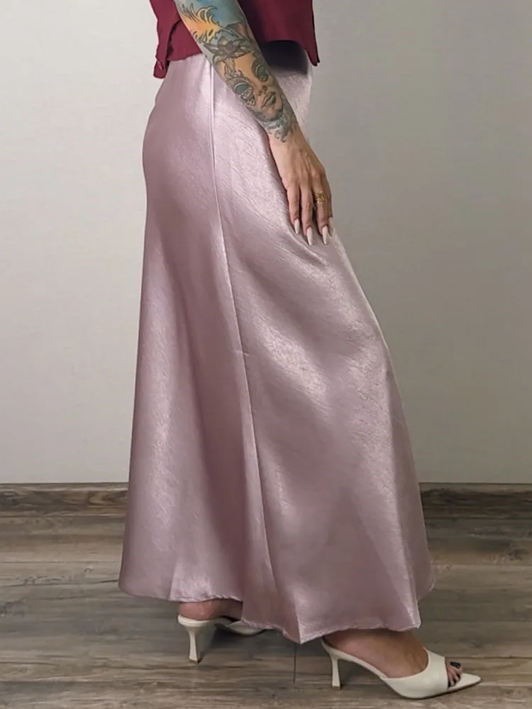 Streamgirl Pink Silk Skirts For Women Midi Light Blue Skirt Satin High Quality Luxury Satin Yellow Skirt Bodycon Women Office
