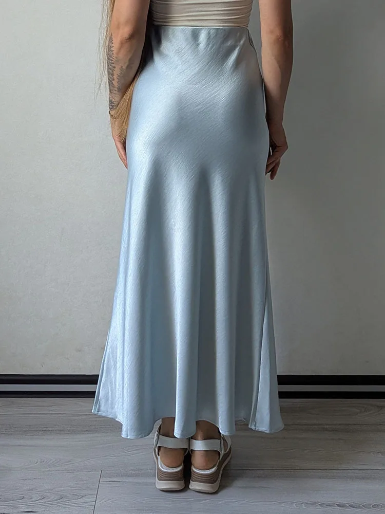 Streamgirl Pink Silk Skirts For Women Midi Light Blue Skirt Satin High Quality Luxury Satin Yellow Skirt Bodycon Women Office
