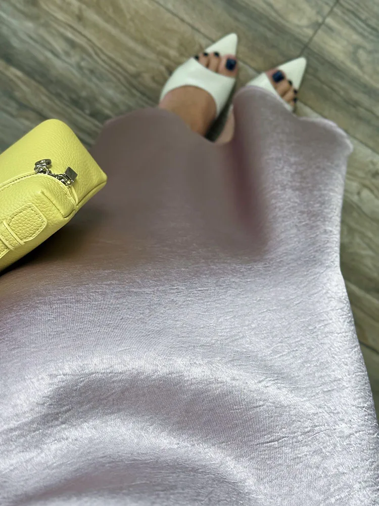 Streamgirl Pink Silk Skirts For Women Midi Light Blue Skirt Satin High Quality Luxury Satin Yellow Skirt Bodycon Women Office