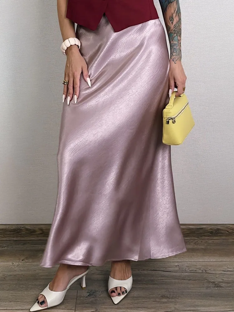 Streamgirl Pink Silk Skirts For Women Midi Light Blue Skirt Satin High Quality Luxury Satin Yellow Skirt Bodycon Women Office