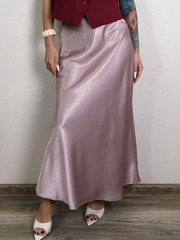 Streamgirl Pink Silk Skirts For Women Midi Light Blue Skirt Satin High Quality Luxury Satin Yellow Skirt Bodycon Women Office