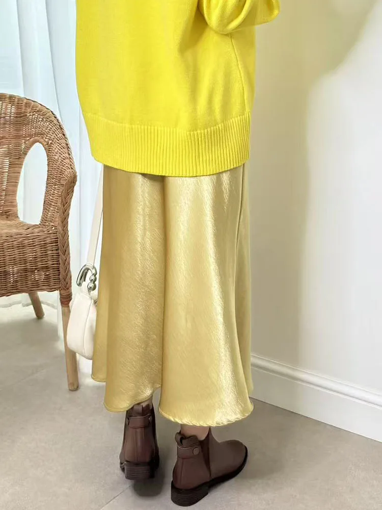 Streamgirl Pink Silk Skirts For Women Midi Light Blue Skirt Satin High Quality Luxury Satin Yellow Skirt Bodycon Women Office
