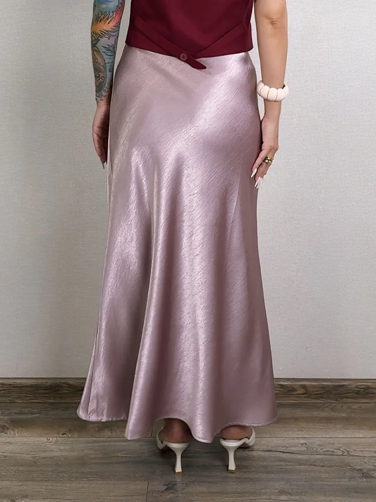 Streamgirl Pink Silk Skirts For Women Midi Light Blue Skirt Satin High Quality Luxury Satin Yellow Skirt Bodycon Women Office