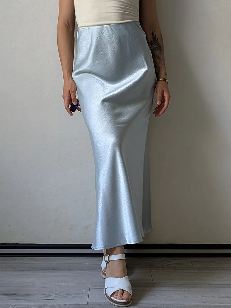 Streamgirl Pink Silk Skirts For Women Midi Light Blue Skirt Satin High Quality Luxury Satin Yellow Skirt Bodycon Women Office