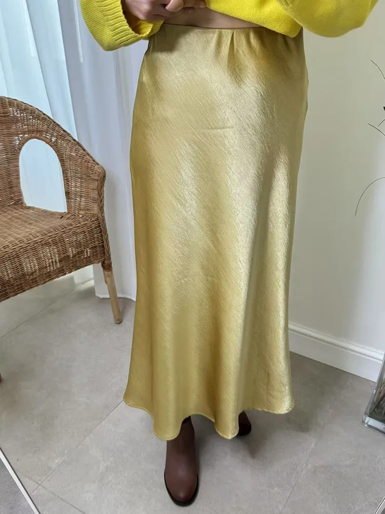 Streamgirl Pink Silk Skirts For Women Midi Light Blue Skirt Satin High Quality Luxury Satin Yellow Skirt Bodycon Women Office