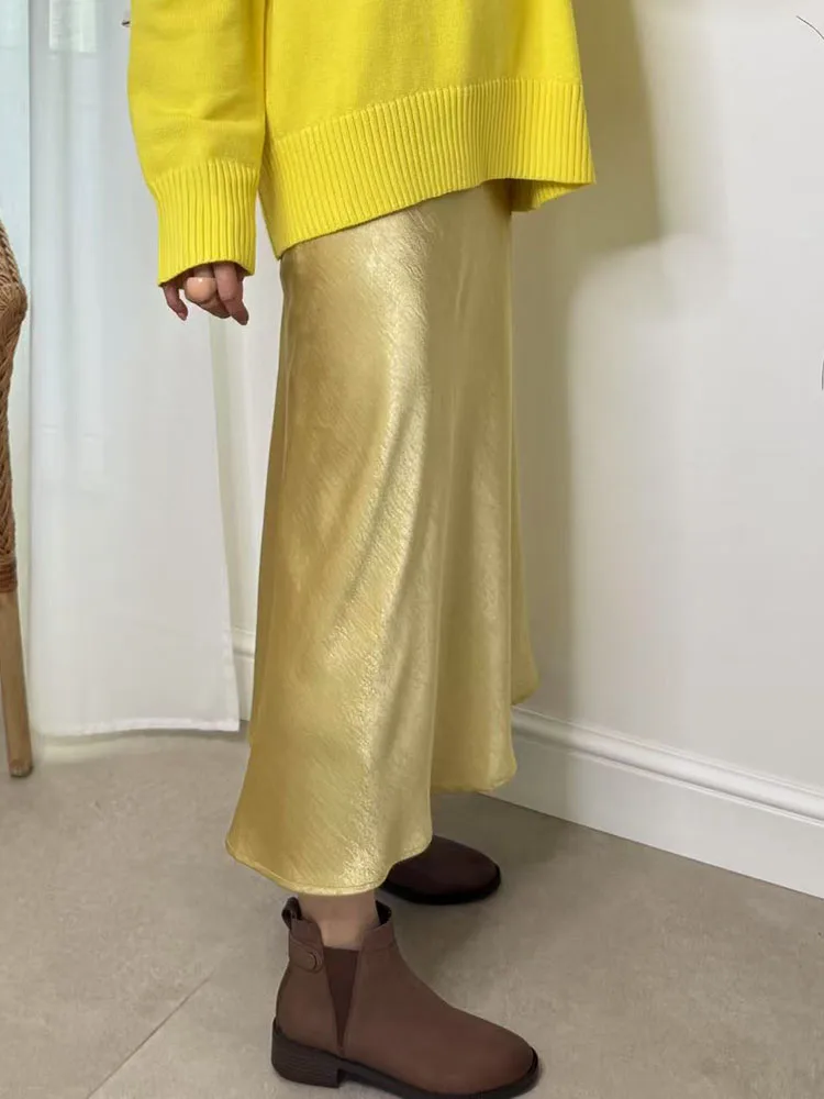 Streamgirl Pink Silk Skirts For Women Midi Light Blue Skirt Satin High Quality Luxury Satin Yellow Skirt Bodycon Women Office