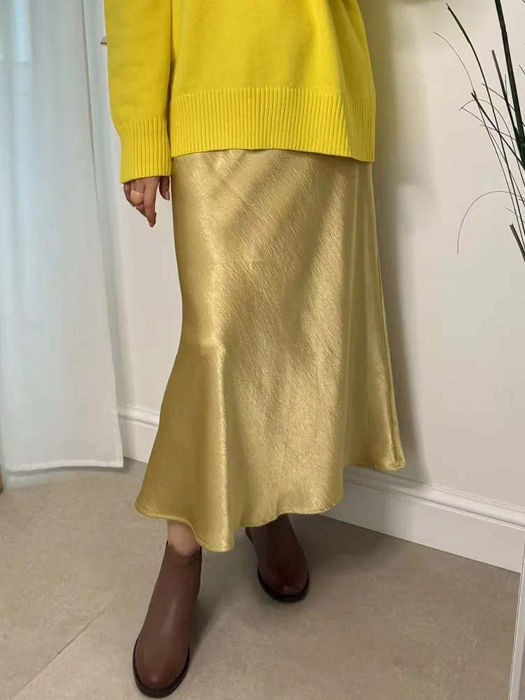 Streamgirl Pink Silk Skirts For Women Midi Light Blue Skirt Satin High Quality Luxury Satin Yellow Skirt Bodycon Women Office