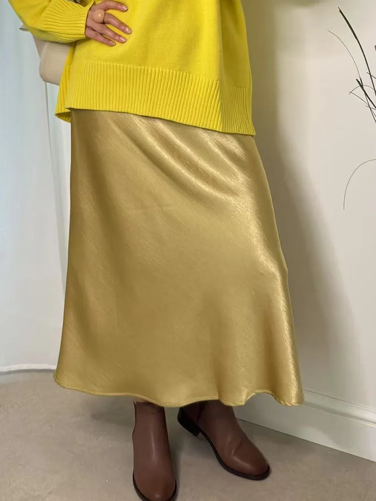 Streamgirl Pink Silk Skirts For Women Midi Light Blue Skirt Satin High Quality Luxury Satin Yellow Skirt Bodycon Women Office