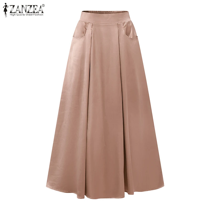 Stylish Women Maxi Long Skirts 2025 ZANZEA Elegant Party Satin Jupe Summer High Waist Holiday Robe Solid A-line Work Faldas Saia