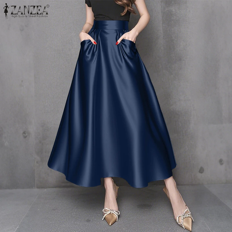 Stylish Women Maxi Long Skirts 2025 ZANZEA Elegant Party Satin Jupe Summer High Waist Holiday Robe Solid A-line Work Faldas Saia