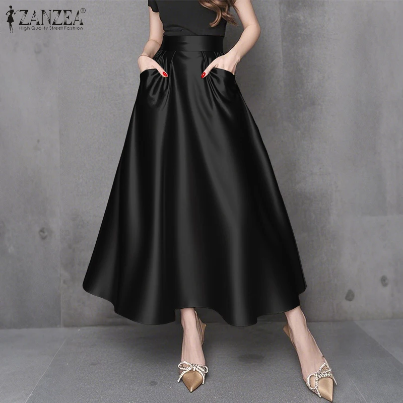 Stylish Women Maxi Long Skirts 2025 ZANZEA Elegant Party Satin Jupe Summer High Waist Holiday Robe Solid A-line Work Faldas Saia