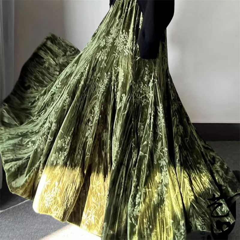 Lady Fashion Casual Type A Skirts Retro Women Printing Fish Tail Skirt Autumn Female High Waist Patchwork Gold Velvet Maxi Skirt