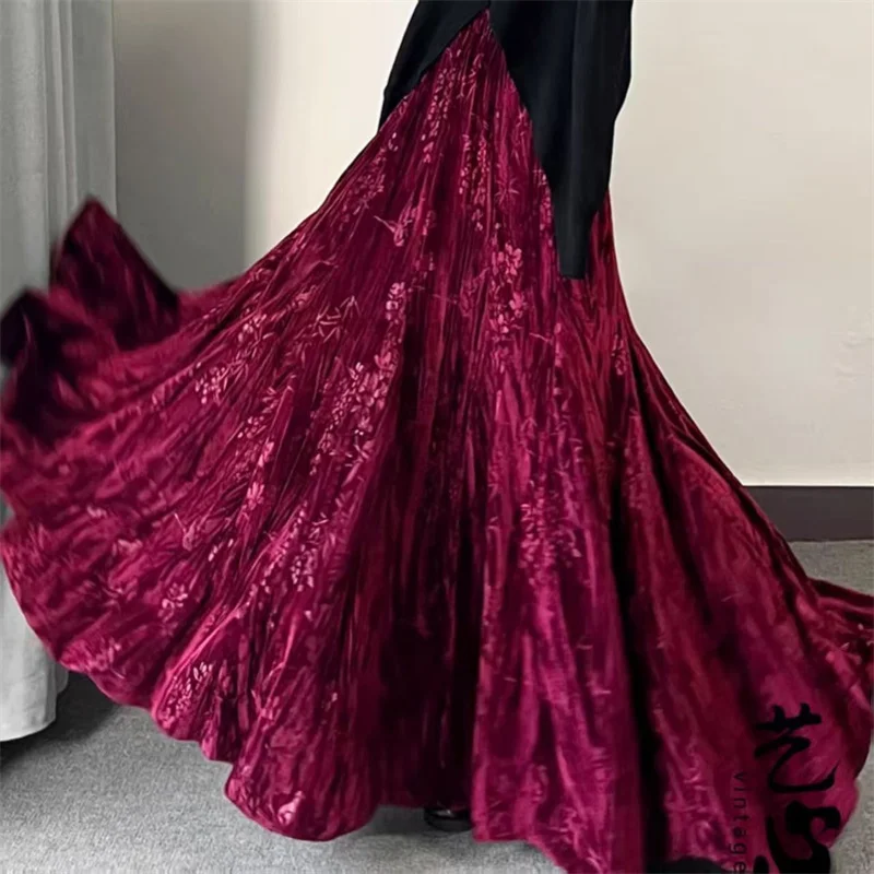 Lady Fashion Casual Type A Skirts Retro Women Printing Fish Tail Skirt Autumn Female High Waist Patchwork Gold Velvet Maxi Skirt