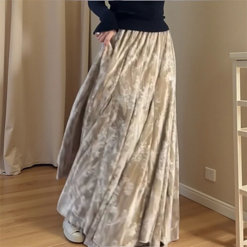 Lady Fashion Casual Type A Skirts Retro Women Printing Fish Tail Skirt Autumn Female High Waist Patchwork Gold Velvet Maxi Skirt