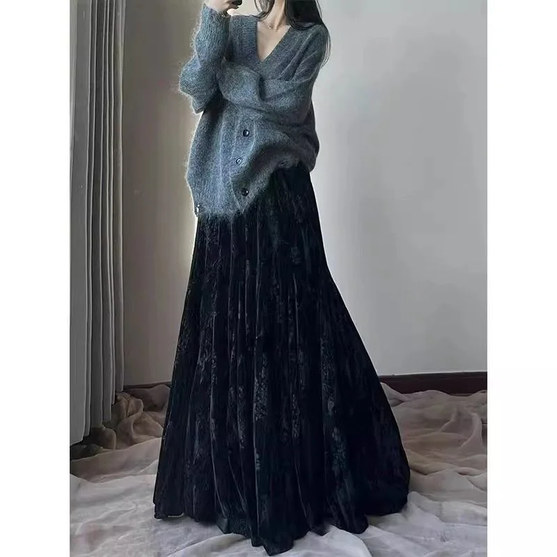 Lady Fashion Casual Type A Skirts Retro Women Printing Fish Tail Skirt Autumn Female High Waist Patchwork Gold Velvet Maxi Skirt