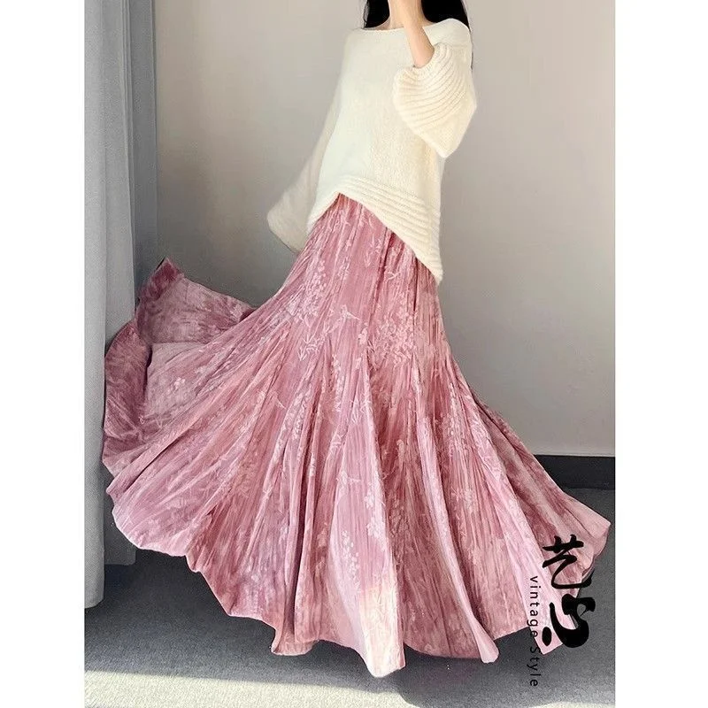 Lady Fashion Casual Type A Skirts Retro Women Printing Fish Tail Skirt Autumn Female High Waist Patchwork Gold Velvet Maxi Skirt