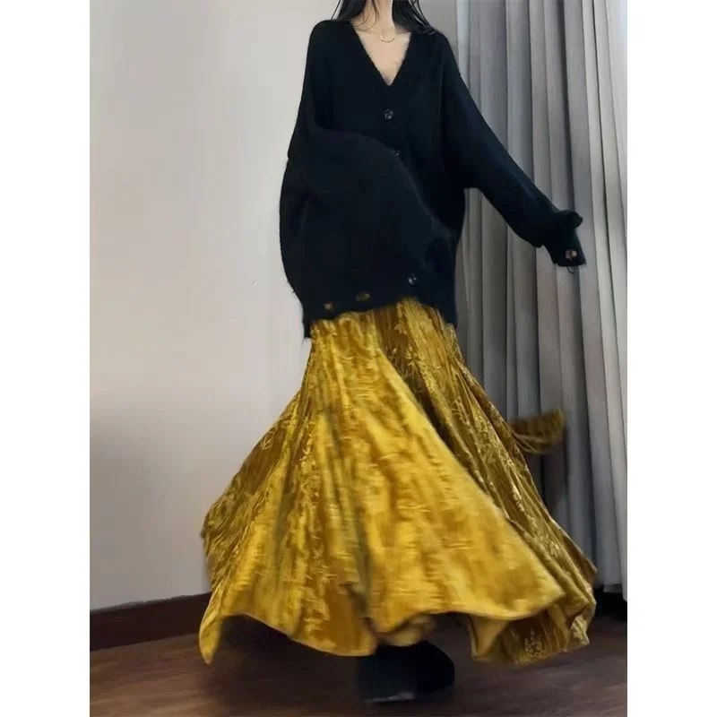 Lady Fashion Casual Type A Skirts Retro Women Printing Fish Tail Skirt Autumn Female High Waist Patchwork Gold Velvet Maxi Skirt