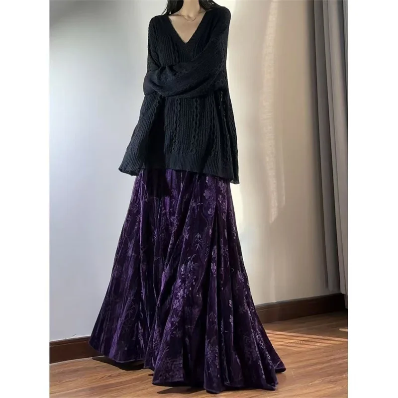 Lady Fashion Casual Type A Skirts Retro Women Printing Fish Tail Skirt Autumn Female High Waist Patchwork Gold Velvet Maxi Skirt